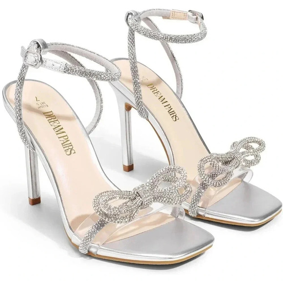 Women's Silver Double Bowknots  Crystal Sandals Clear Slingback Heels - Picture 2 of 7
